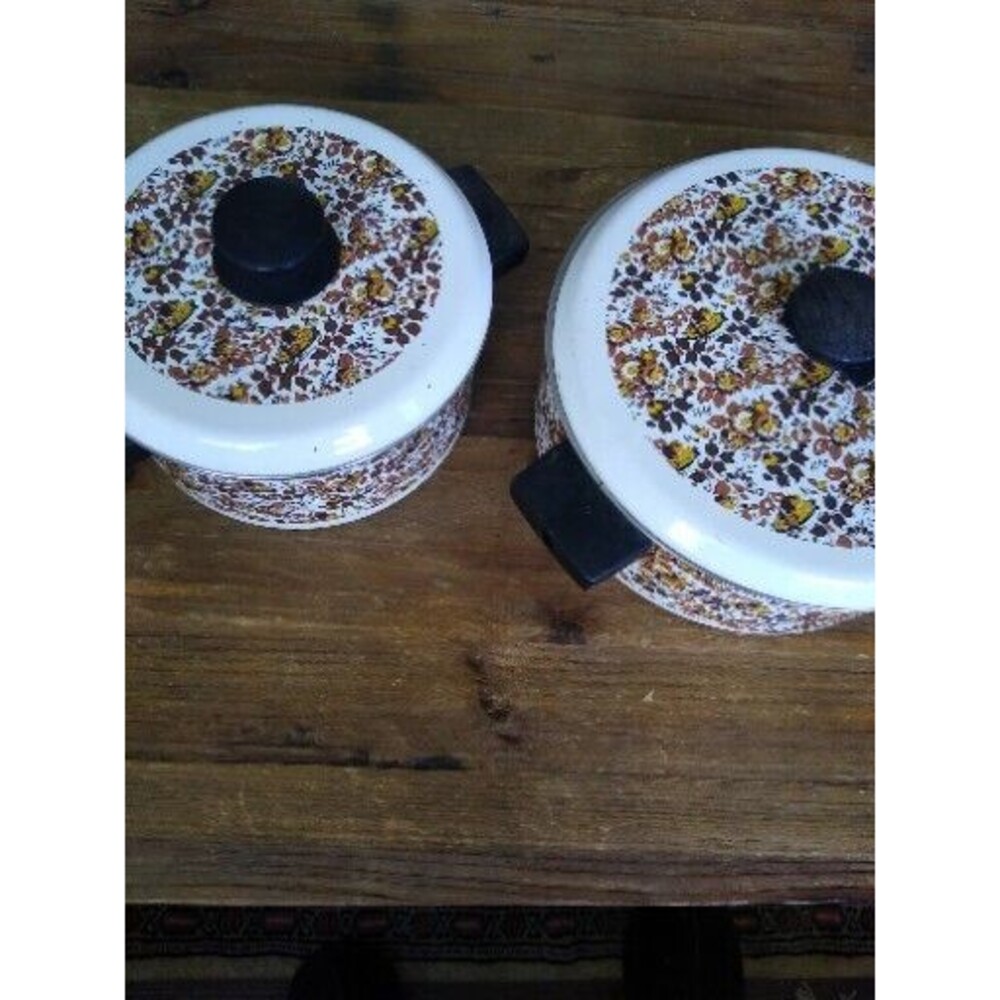 Vintage MCM Enamelware Set 2qt + 4qt lidded Granny Cottage Collectible Floral